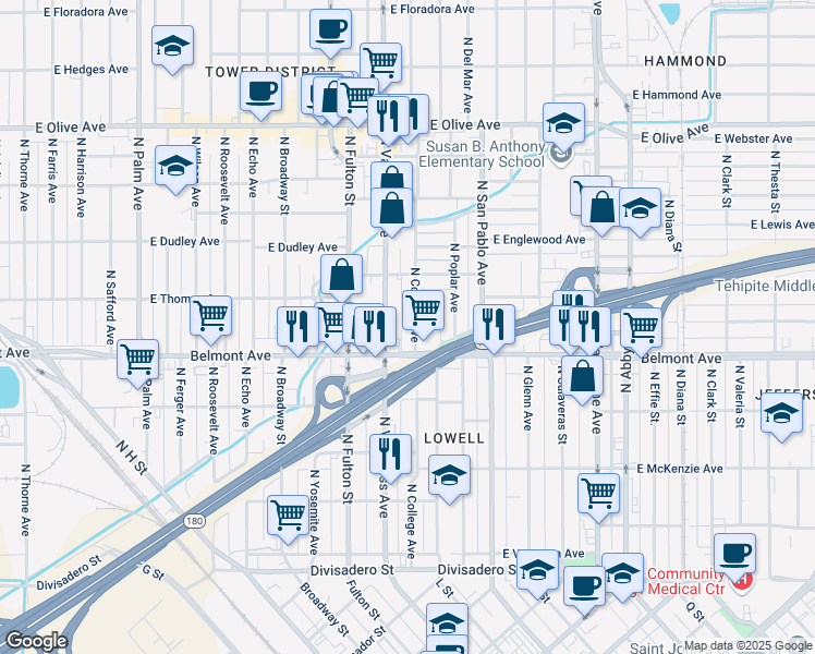 map of restaurants, bars, coffee shops, grocery stores, and more near 608 North College Avenue in Fresno