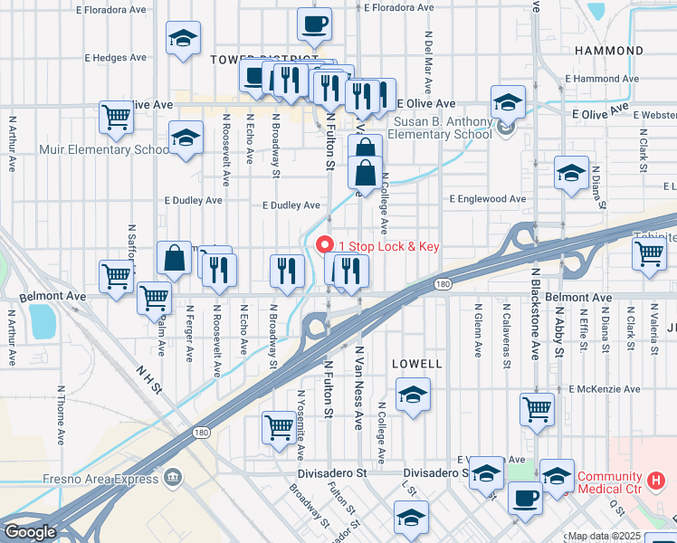 map of restaurants, bars, coffee shops, grocery stores, and more near 612 North Fulton Street in Fresno