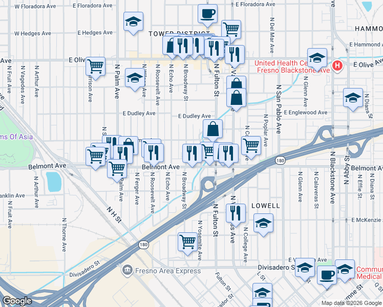 map of restaurants, bars, coffee shops, grocery stores, and more near 565 North Yosemite Avenue in Fresno