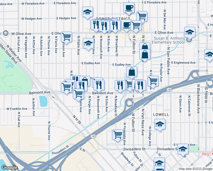 map of restaurants, bars, coffee shops, grocery stores, and more near 604 North Roosevelt Avenue in Fresno