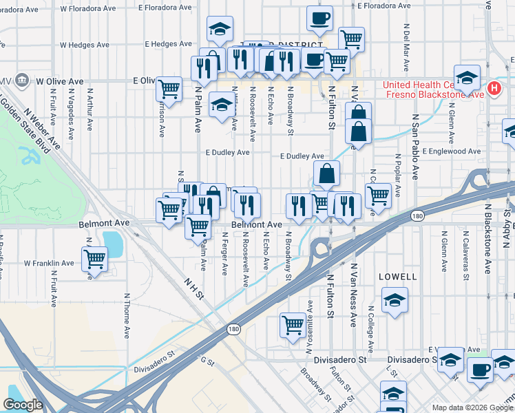 map of restaurants, bars, coffee shops, grocery stores, and more near 604 North Roosevelt Avenue in Fresno