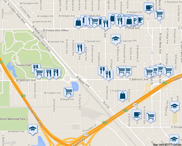 map of restaurants, bars, coffee shops, grocery stores, and more near 615 North Harrison Avenue in Fresno