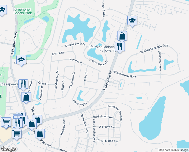 map of restaurants, bars, coffee shops, grocery stores, and more near 840 Kemp Meadow Drive in Chesapeake