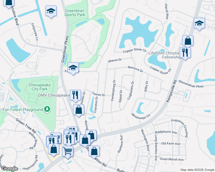 map of restaurants, bars, coffee shops, grocery stores, and more near 1053 Sharon Drive in Chesapeake