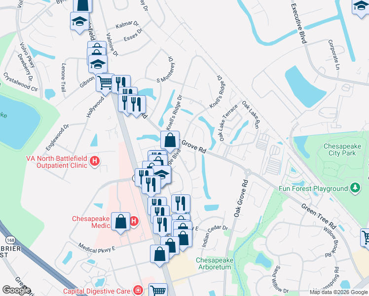 map of restaurants, bars, coffee shops, grocery stores, and more near 302 Fairfax Terrace in Chesapeake
