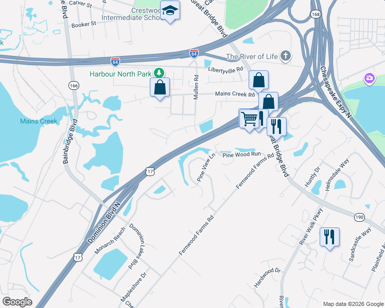 map of restaurants, bars, coffee shops, grocery stores, and more near 424 Dominion Boulevard North in Chesapeake