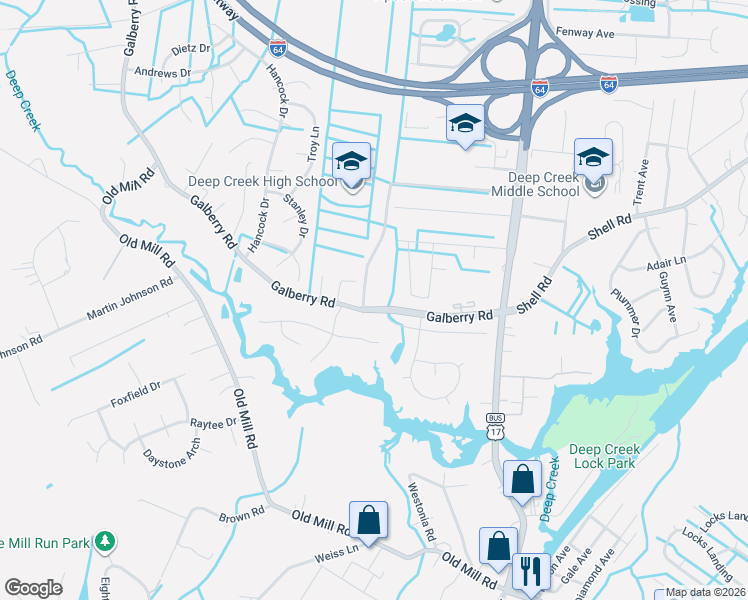 map of restaurants, bars, coffee shops, grocery stores, and more near 2940 Galberry Road in Chesapeake
