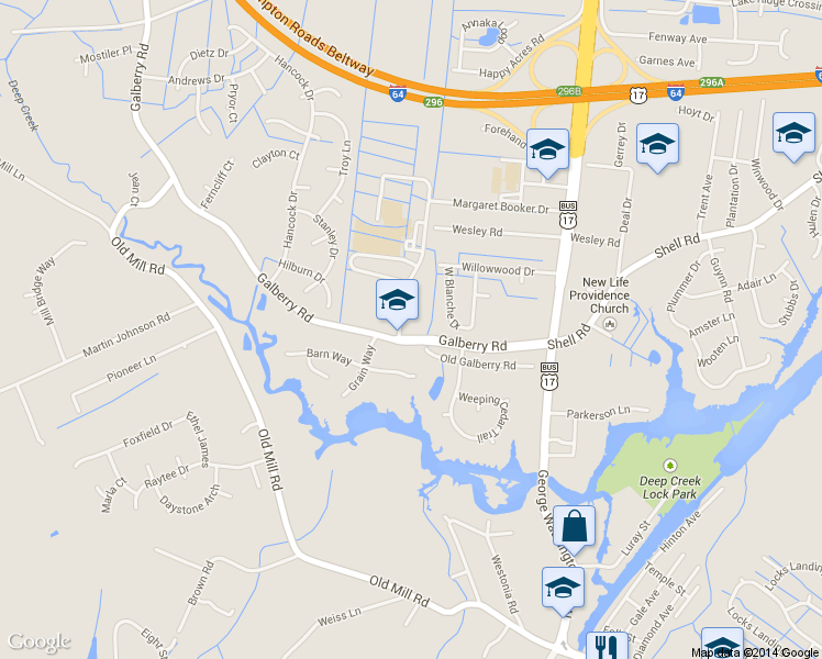 map of restaurants, bars, coffee shops, grocery stores, and more near 2940 Galberry Rd in Chesapeake