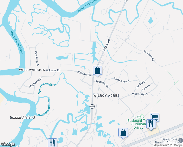 map of restaurants, bars, coffee shops, grocery stores, and more near 1229 Wilroy Road in Suffolk