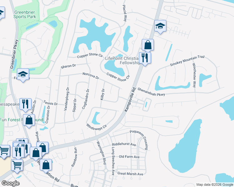 map of restaurants, bars, coffee shops, grocery stores, and more near 840 Kemp Meadow Drive in Chesapeake