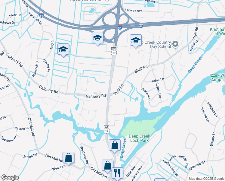 map of restaurants, bars, coffee shops, grocery stores, and more near 417 George Washington Hwy N in Chesapeake