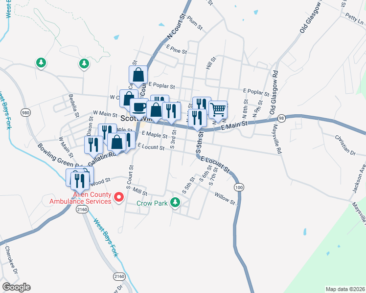 map of restaurants, bars, coffee shops, grocery stores, and more near 201 South 4th Street in Scottsville