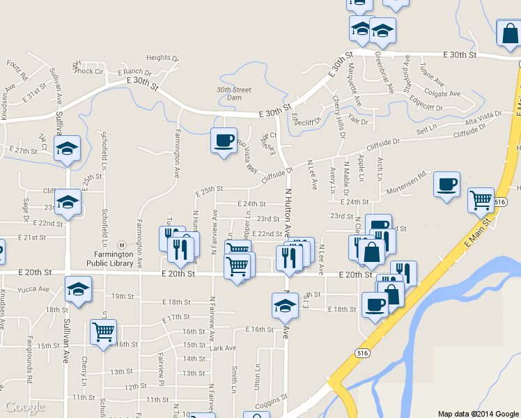 map of restaurants, bars, coffee shops, grocery stores, and more near 2613 East 24th Street in Farmington