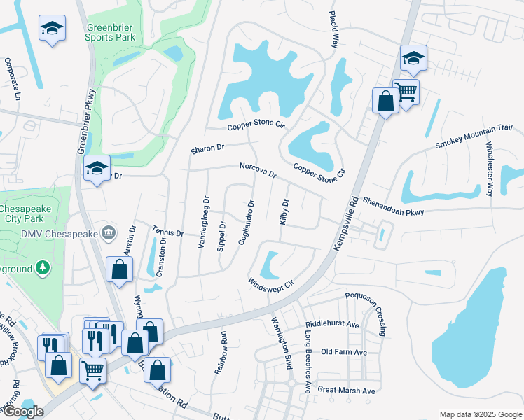 map of restaurants, bars, coffee shops, grocery stores, and more near 1112 Norcova Court in Chesapeake