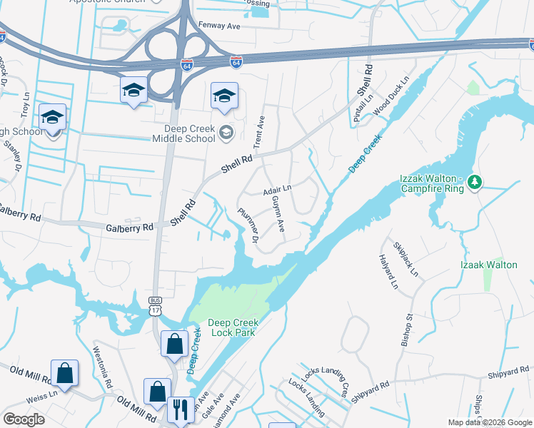 map of restaurants, bars, coffee shops, grocery stores, and more near 509 Amster Lane in Chesapeake
