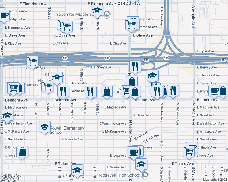 map of restaurants, bars, coffee shops, grocery stores, and more near 4041 Plaza Drive West in Fresno