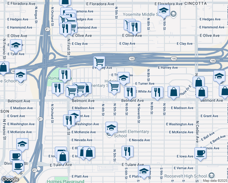 map of restaurants, bars, coffee shops, grocery stores, and more near 535 North 5th Street in Fresno