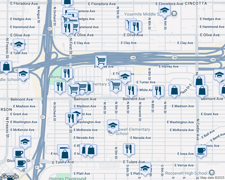 map of restaurants, bars, coffee shops, grocery stores, and more near 535 North 5th Street in Fresno