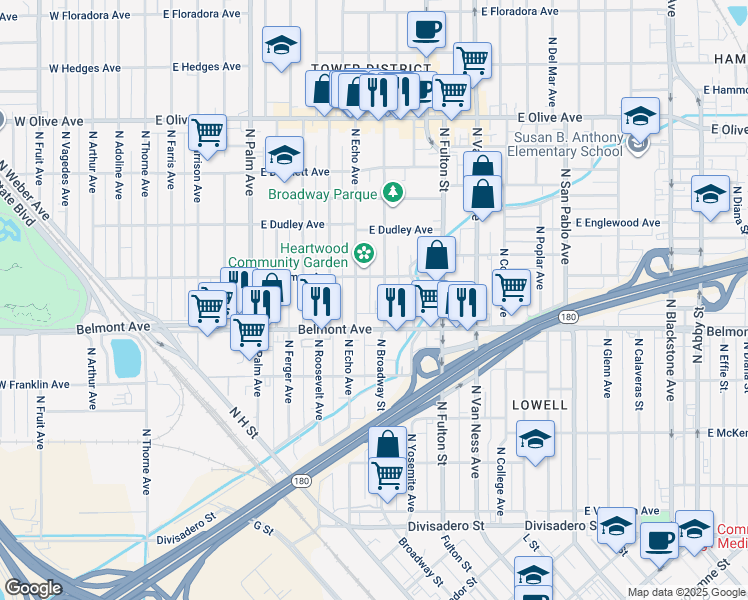 map of restaurants, bars, coffee shops, grocery stores, and more near 610 North Echo Avenue in Fresno