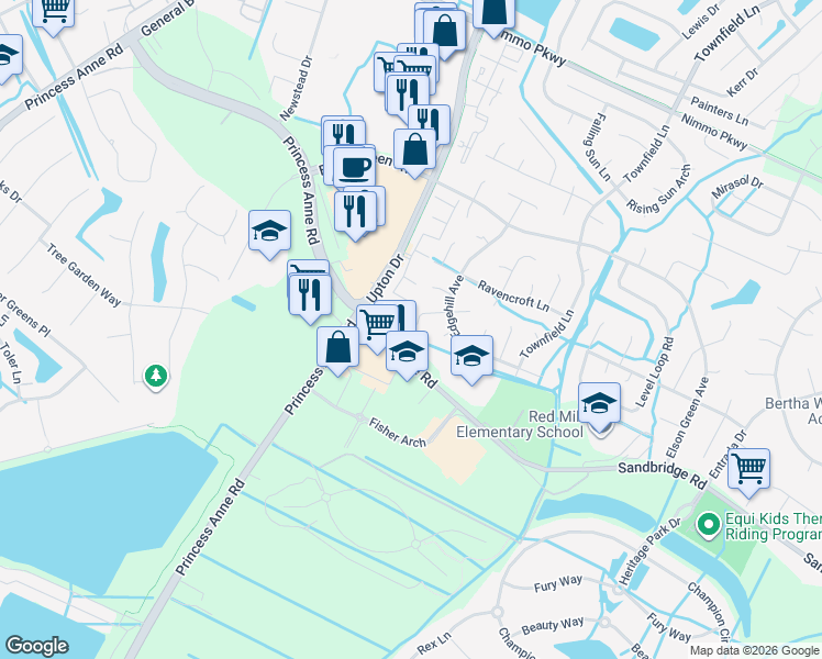 map of restaurants, bars, coffee shops, grocery stores, and more near 2028 Westham Woods Court in Virginia Beach