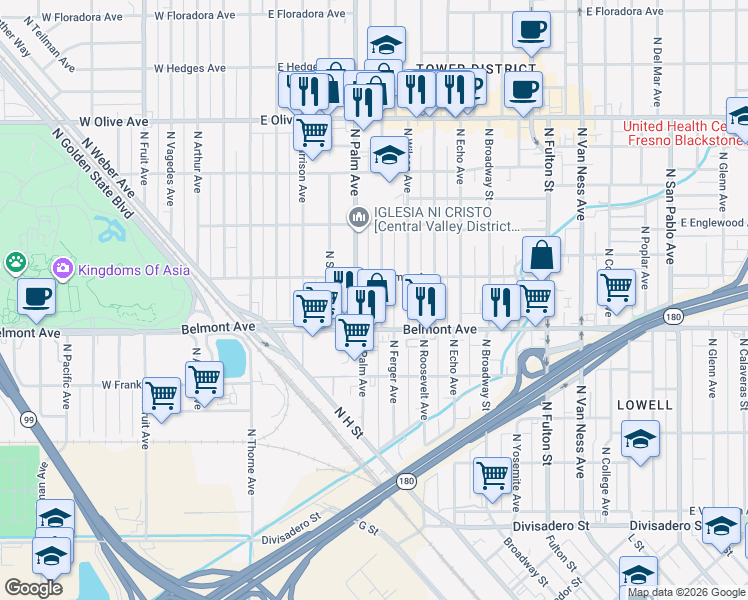 map of restaurants, bars, coffee shops, grocery stores, and more near 547 North Ferger Avenue in Fresno