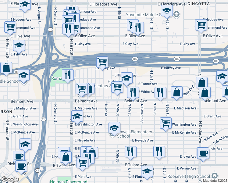 map of restaurants, bars, coffee shops, grocery stores, and more near 535 North 5th Street in Fresno
