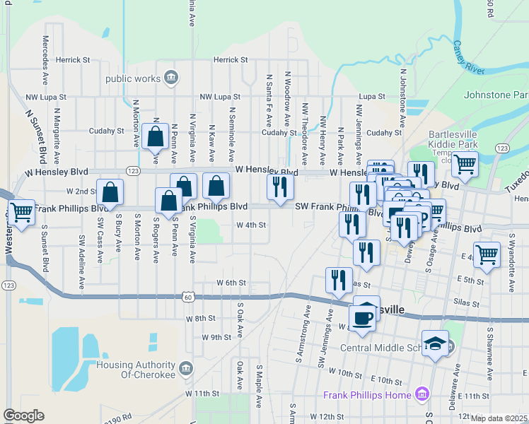 map of restaurants, bars, coffee shops, grocery stores, and more near 301 South Santa Fe Avenue in Bartlesville