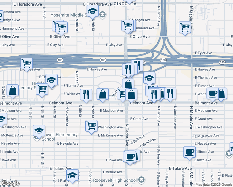 map of restaurants, bars, coffee shops, grocery stores, and more near 4144 East White Avenue in Fresno