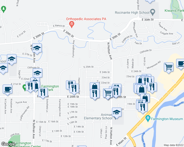 map of restaurants, bars, coffee shops, grocery stores, and more near 2417 East 24th Street in Farmington