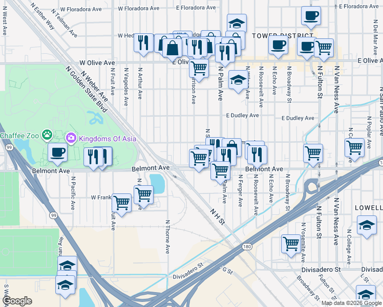 map of restaurants, bars, coffee shops, grocery stores, and more near 615 North Harrison Avenue in Fresno