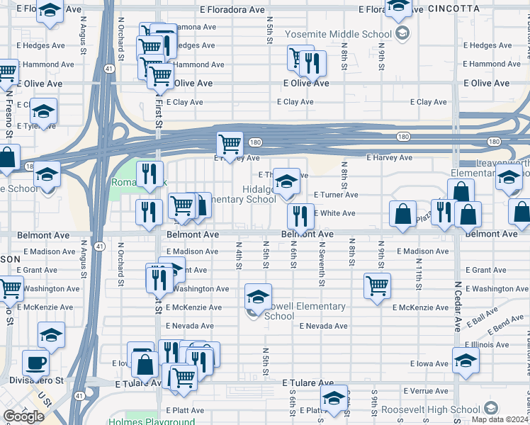 map of restaurants, bars, coffee shops, grocery stores, and more near 535 North 5th Street in Fresno