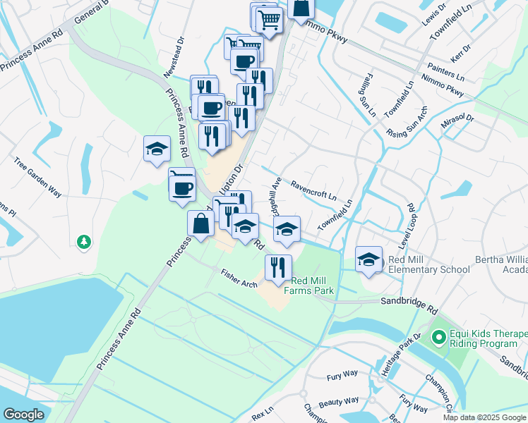 map of restaurants, bars, coffee shops, grocery stores, and more near 2000 Edgehill Court in Virginia Beach