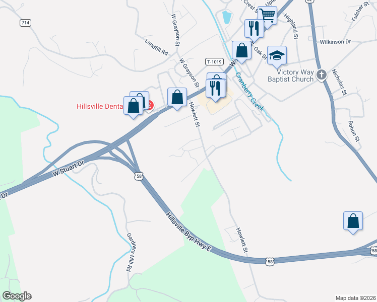 map of restaurants, bars, coffee shops, grocery stores, and more near 119 Kaitlyn Lane in Hillsville