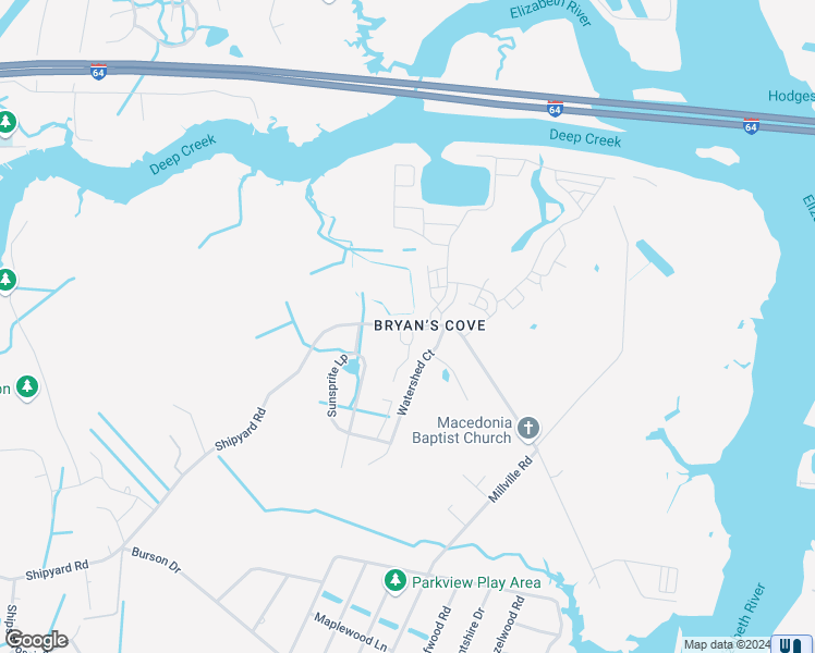 map of restaurants, bars, coffee shops, grocery stores, and more near 1761 Watershed Court in Chesapeake