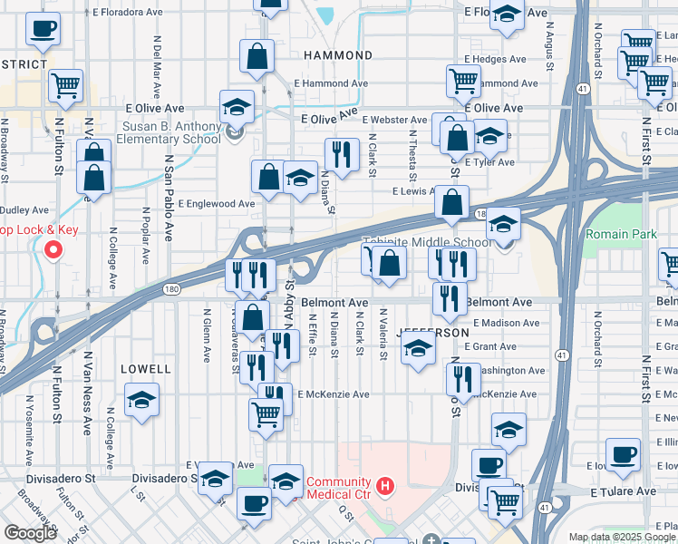 map of restaurants, bars, coffee shops, grocery stores, and more near 2001 East White Avenue in Fresno