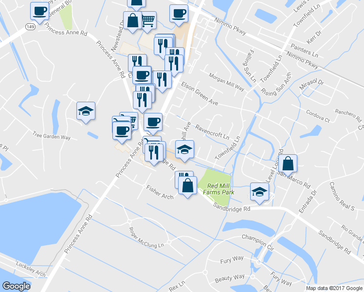 map of restaurants, bars, coffee shops, grocery stores, and more near 2000 Edgehill Court in Virginia Beach