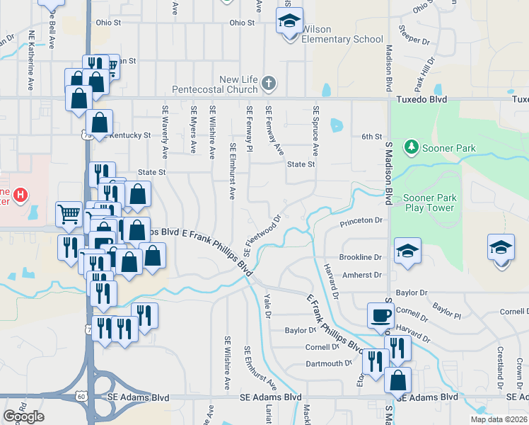 map of restaurants, bars, coffee shops, grocery stores, and more near 371 Cara Lee Lane in Bartlesville