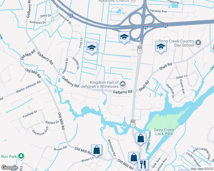 map of restaurants, bars, coffee shops, grocery stores, and more near 453 West Blanche Drive in Chesapeake