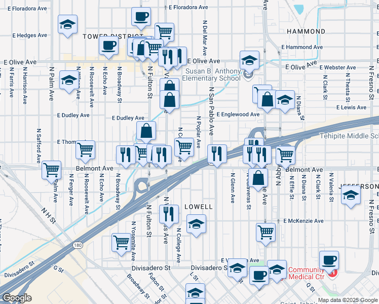 map of restaurants, bars, coffee shops, grocery stores, and more near 608 North College Avenue in Fresno