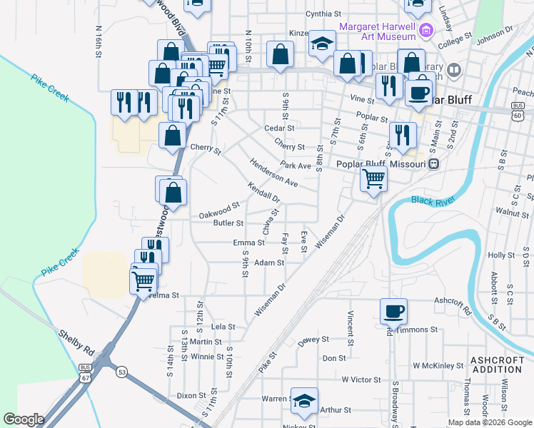 map of restaurants, bars, coffee shops, grocery stores, and more near 806 Bristol Avenue in Poplar Bluff