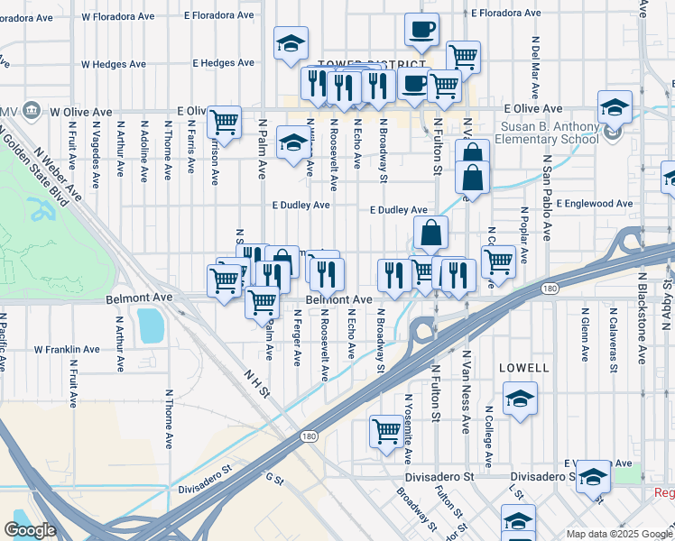 map of restaurants, bars, coffee shops, grocery stores, and more near 604 North Roosevelt Avenue in Fresno