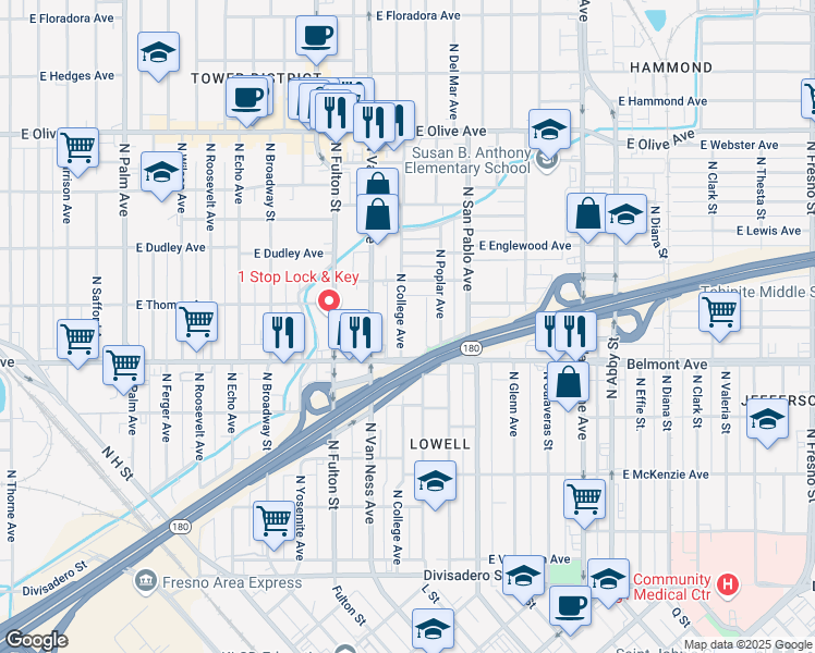 map of restaurants, bars, coffee shops, grocery stores, and more near 608 North College Avenue in Fresno