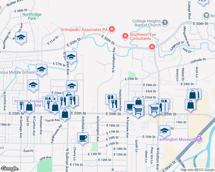 map of restaurants, bars, coffee shops, grocery stores, and more near 2305 North Tucker Avenue in Farmington
