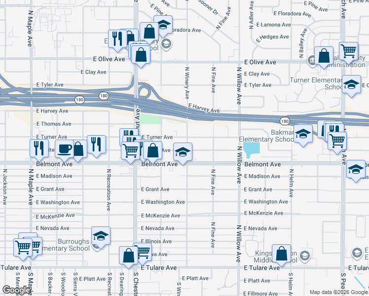 map of restaurants, bars, coffee shops, grocery stores, and more near 606 North Winery Avenue in Fresno