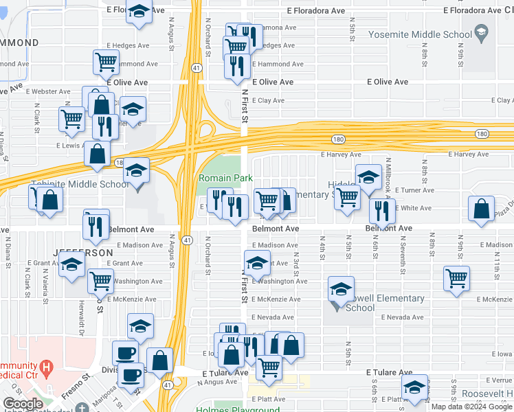 map of restaurants, bars, coffee shops, grocery stores, and more near 606 North First Street in Fresno