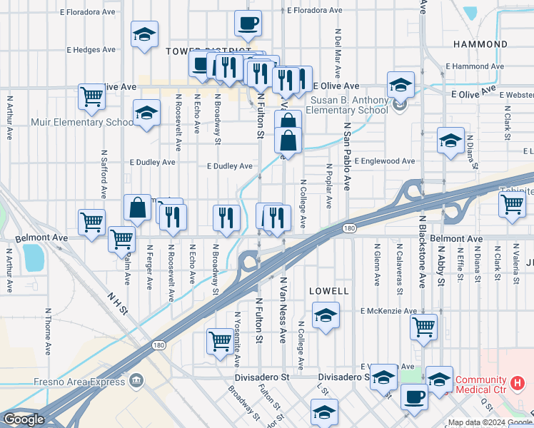 map of restaurants, bars, coffee shops, grocery stores, and more near 612 North Fulton Street in Fresno