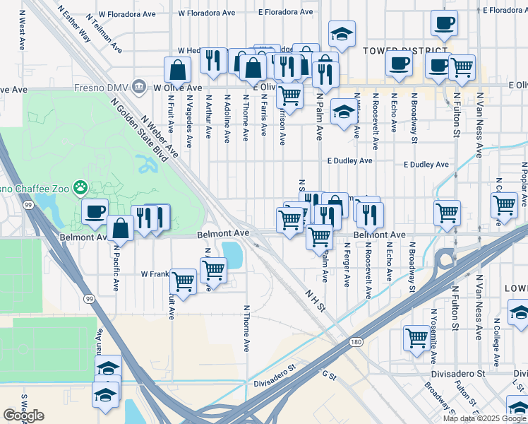 map of restaurants, bars, coffee shops, grocery stores, and more near 530 North Weber Avenue in Fresno