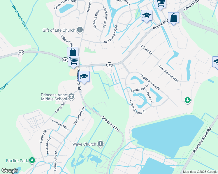 map of restaurants, bars, coffee shops, grocery stores, and more near 2283 Princess Anne Road in Virginia Beach