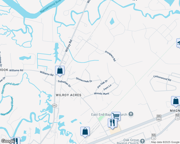 map of restaurants, bars, coffee shops, grocery stores, and more near 3214 Clearcreek Road in Suffolk