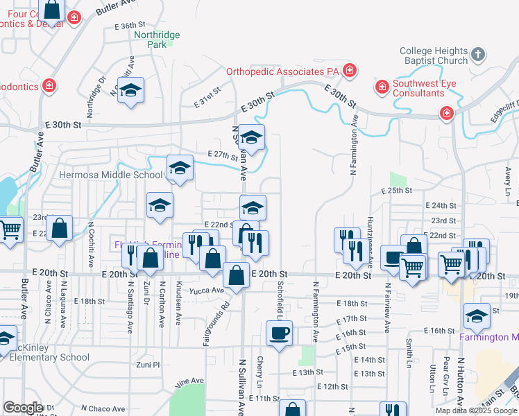 map of restaurants, bars, coffee shops, grocery stores, and more near 1899 23rd Street in Farmington